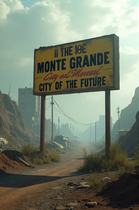  A devastated territory and in front of it a sign that says, Monte Grande Ciudad de Futuro 