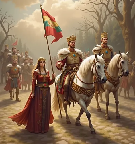  painting of a man and a woman and a  with a banner(Tricolor: white, blue, red) and a horse , Slavic mythology, а fantasy proto-Slavic mythology, Tibor Renyi, Slavic!!!, Slavic, The Great King of Stovokora, Evgeniush Zak, Saša Putrja,  by Andrzej Wroblewsk...