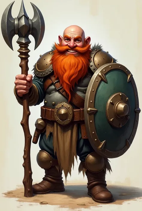 a happy old dwarf bald with red bearb and white hair in the bearb holding a shield and a mace with spike
