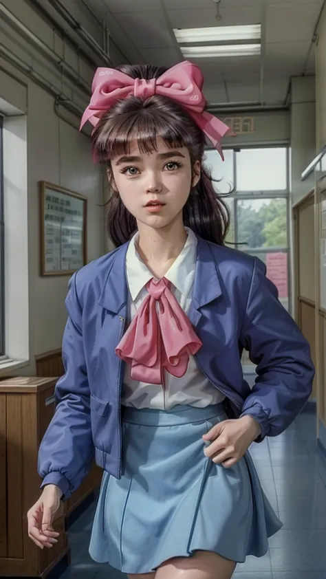 ,realistic、 realistic 、  1 girl, alone,  hair bow, school uniform,  ascot ,  jacket, shirt, skirt, retro art style ,  running, 1...