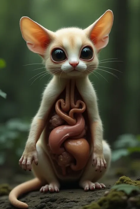 The head is the head of Sugar Glider, the body of a cat, it has organs, and the rest belong to it facing away.