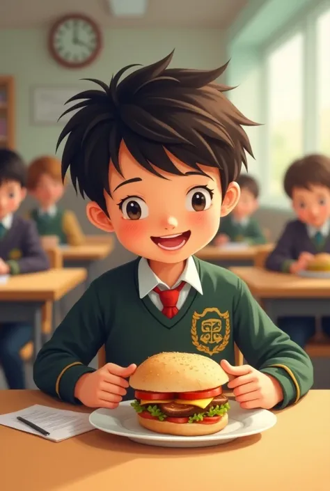 A school boy eat a food