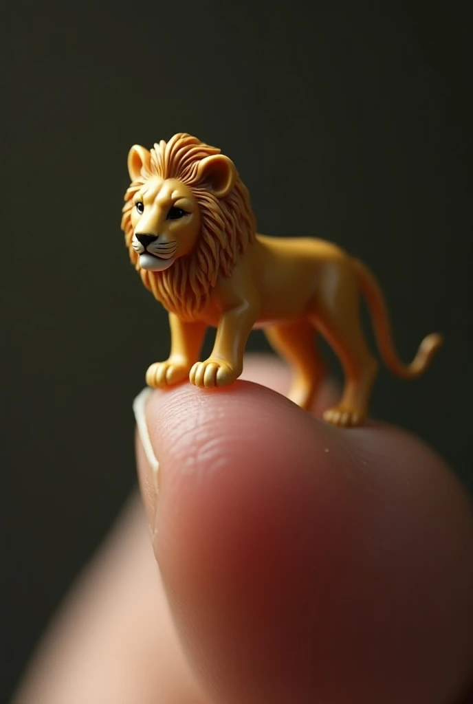 A hyper realistic image of a miniature Lion sitting in a fingertip