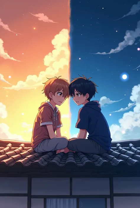 Can u make a picture of 2 boys sitting on the roof and one boy is at the day time and the other boy is at the night time anime