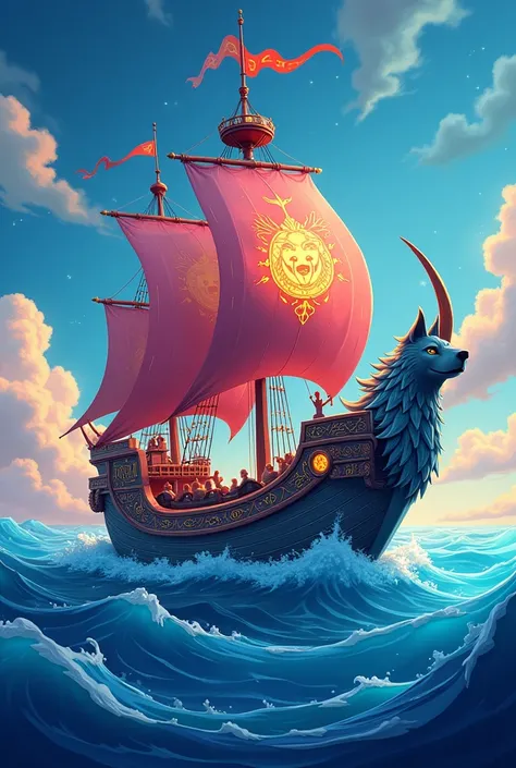 Create the ship  "sea wolf"  out of cartoon paper sailing in the ocean with magical adornments on its,  and the wolf symbol on the sail of the ship 
