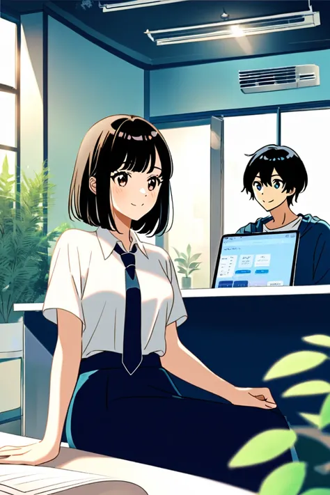  A man sitting at a desk facing his computer and a woman with a smartphone standing next to her。 The man is a college student and looks casual 。 The woman wears a white blouse with a tie and a navy blue skirt and slats 。They are both smiling 、 at work 。 Th...