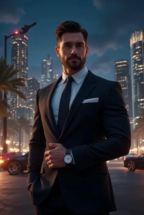  attractive suit with watch in hand and good face shape with attractive hunter eyes and superb hairstyle with 
 muscular Jawline and charming face, great buildings and lots of money and security helicopter and luxurious cars and a big mansion behind him an...