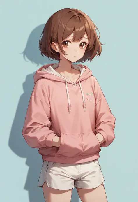 bianca , 1girl, solo, short hair, brown hair, brown eyes, bangs, eyelashes , hoodie, pink hoodie, hood, long sleeves, shorts, white shorts