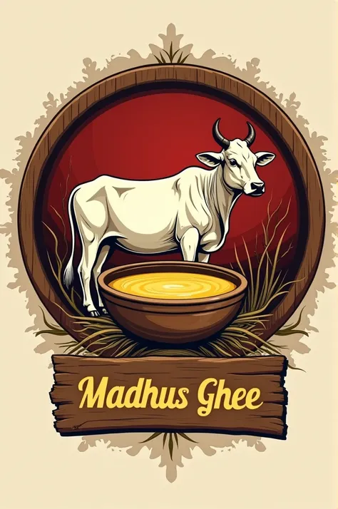 
"A vintage-style, round logo featuring a rustic feel. At the center, a traditional clay or metal bowl filled with clarified butter (ghee) evokes the atmosphere of an old-time dairy setting. To the side of the bowl, a native cow stands gently, emphasizing ...