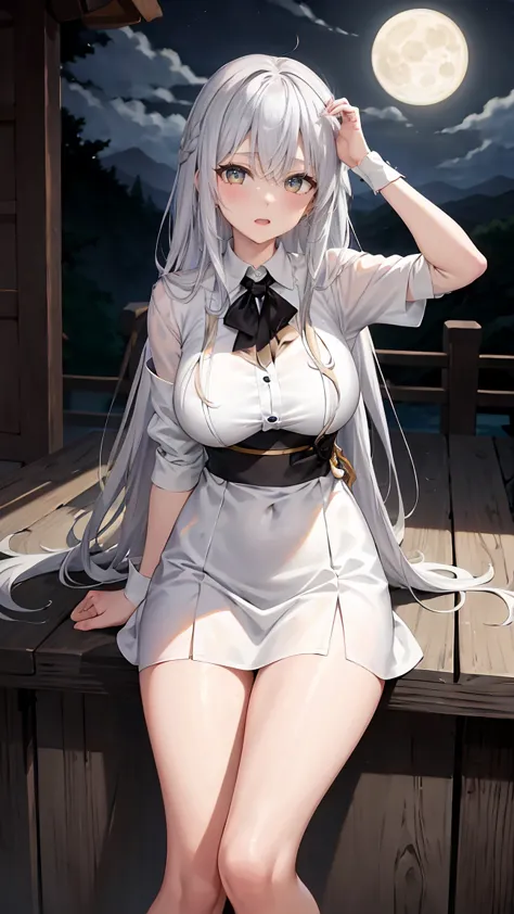  long silver hair 、  tension as the inner color for long hair, yellow eyes , Moonlight、 moonlight、、、, composition showing the whole body from head to toe、Chuckle、Older sister、Sexy Fashion、 white shirt 、Belly button exposed、Dress pants、Night Beauty、A fearle...