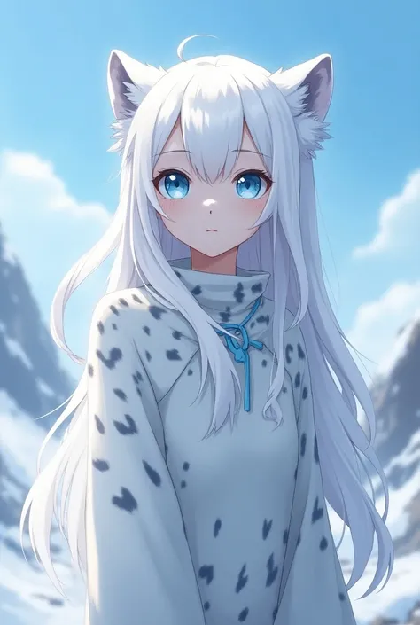 A picture of a Snow Leopard anime girl with blue eyes and beautiful white hair with all her body