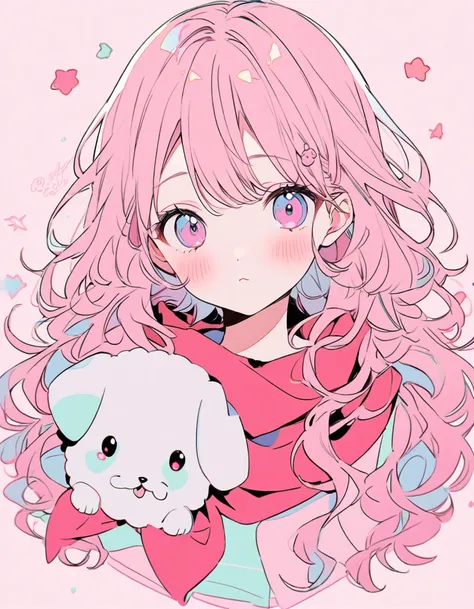 pink color long wavy hair, Puppy award, round corner of eye,  cute , pretty , female(18yers), Head, Red scarf, pastel coloring, Simple coloring