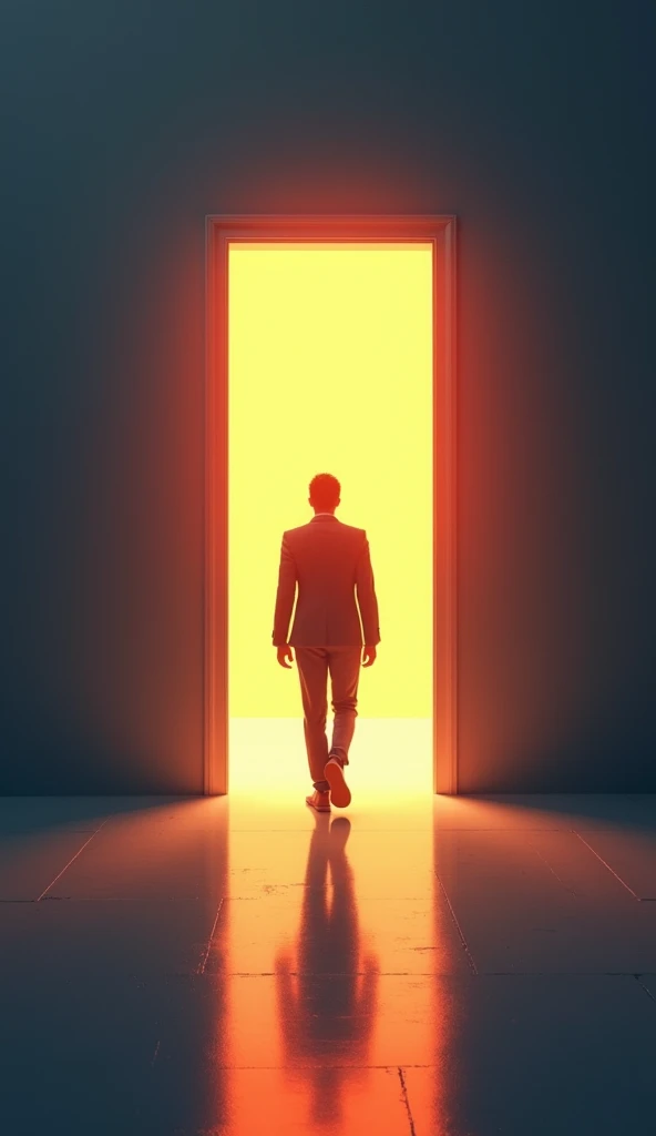 cinematic, " Step to a new version of yourself ":  Person walking to an open door ,  with a flash of light on the other side . Straight back and secure posture ,  with bright and vibrant colors that convey renewal and new opportunities.