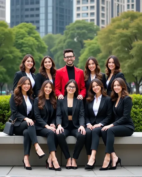 The image shows a group of  seven 26 years old beautiful brunette people posing for a photo in a park. They are standing on a concrete bench in front of a tall building with trees and bushes in the background. The group is composed of nine women and one ma...