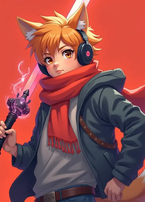 A juvenile resembling a Chai Dog ，orange hair，Wear headphones，scarf， holding a sword with a special effect of light properties