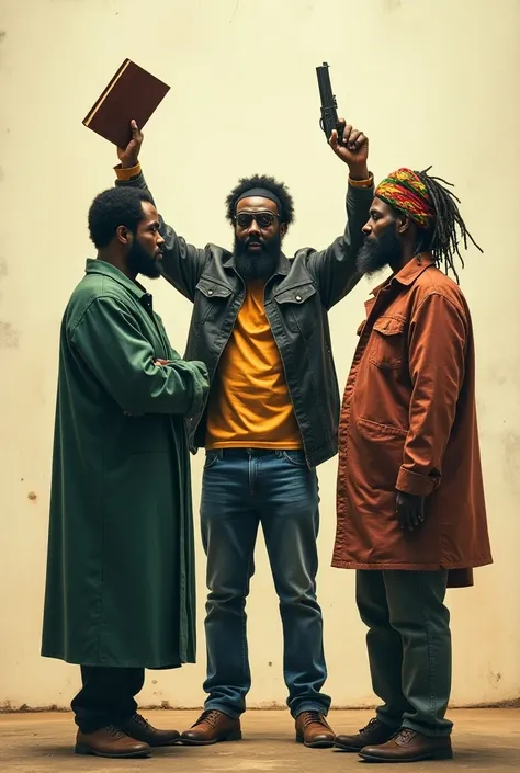 Generate image having a pastor rasing a Bible standing left,a Gangstar raising a gun wearing back mask standing front and a Rasta man wearing a peace colour cloth smocking cannabis standing right entitled CIRCLE ON at center of image,,full hd picture