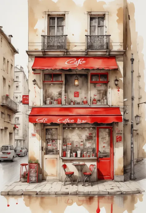 Funny cute, tinny cute caffee bar, ink and wash, front view, begie colors with red accents. (Best quality, perfect masterpiece, Representative work, official art, professional, High detail, Very complex detailed:1.3)