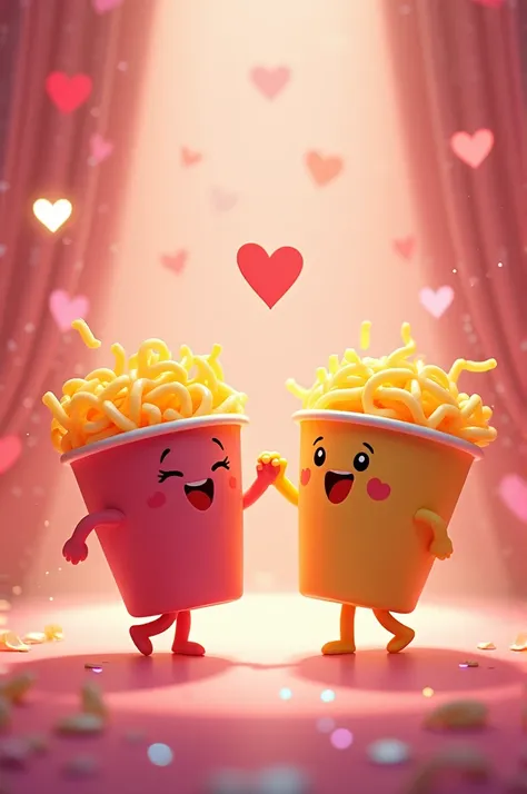 "A playful scene of two animated cup noodles dancing together, their noodle arms and legs intertwined as they move in sync. The cup noodles have expressive faces with joyful smiles, one blushing slightly to resemble a shy character. The scene is set with a...