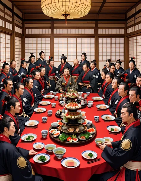 "A lavish banquet scene set in the Warring States period, with Nobunaga in the center surrounded by samurai retainers. They sit in a circle, raising sake cups in a festive mood. The background is a grand wooden hall, with sake bottles and an array of elabo...