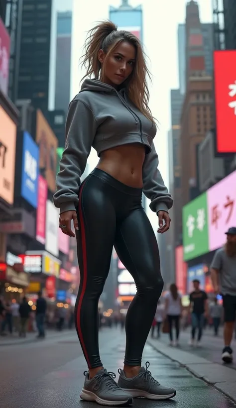 a woman with super strong muscular legs huge legs and big butt, stands in Times Square, (the woman is wearing: leggings, sneakers, hoodies)