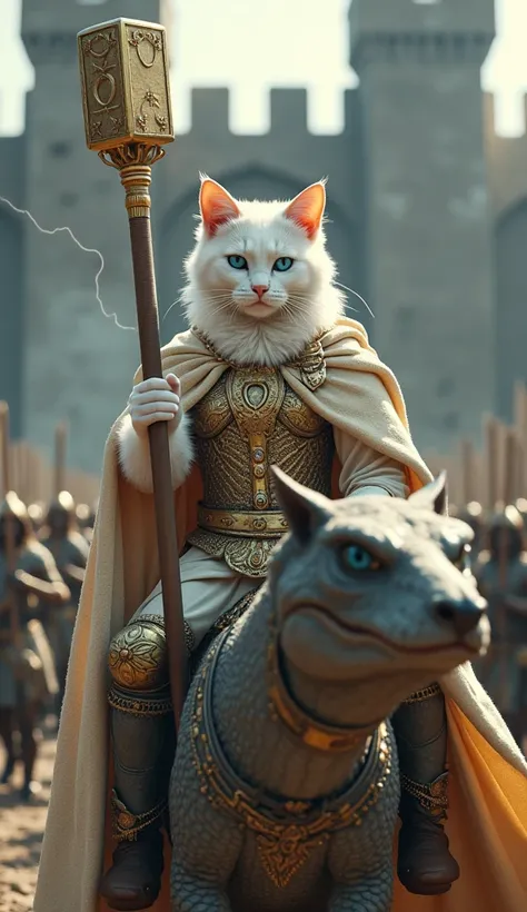 (photorealism:9.16)  Make a picture facing the camera of a white female cat with a solid high body containing,  her eyes are blue , big nose, wear an ancient royal queen outfit ,  hand raises a golden Thor hammer accompanied by a lightning bolt that snatch...