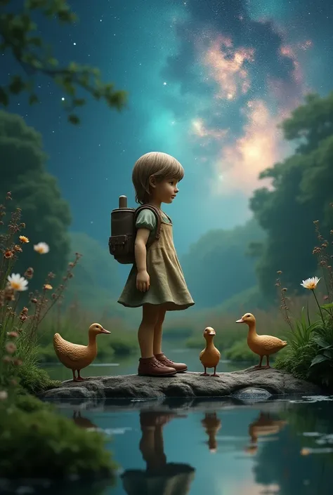 ((Extreme closeup photo of a life sized Hummel figurine of a girl standing on the shore of an idyllic pond, with ducks all about)), ((vegetation surrounds the figure)), ((large render of the girl)), ((figure and ducks take at least 80% of the image space))...