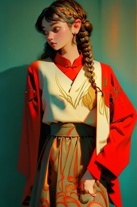  Masterpiece 、 high quality,1 teenage girl,,、Braided hair with bangs , Chinese dress style、skirt、 white wall background