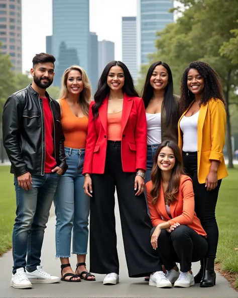 Image is a vibrant, outdoor group portrait featuring seven young adults, five women and two men, standing and sitting in a park-like setting. The individuals display a range of skin tones from light to medium. The central figure, a woman with long black ha...