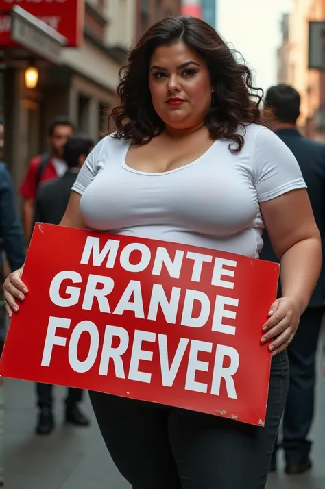 A woman with very large breasts, WITH A WHITE T-SHIRT,  say with a red sign, What does ,  Monte Grande Forever 