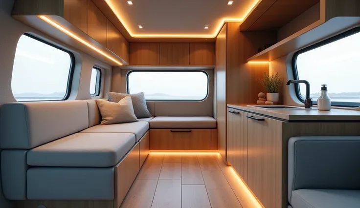 Create a interior view of a modern Volkswagen motorhome concept