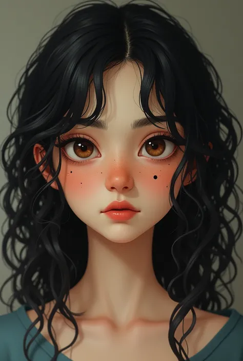 Imagine a 22 year old girl, not healthy with round face...
Light brown eyes in almond shape not too wide 
Curly black hair till half back
A mole right in middle of neck just above collar bone.
Few moles on face like above left side of lips, on cheeks 