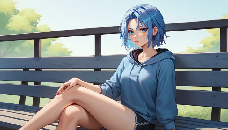 eve, adult woman, blue hair, long hair blue eyes . thin. wearing a sweatshirt. sitting on a bench