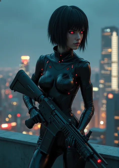 (masterpiece:1.2,Best Quality,Super detailed, strong backlight:1.3, silhouette :1.45),, , //  Characters, 1 Solo Female Mercenary, Ghost in the Shell Motoko Kusanagi ,One of his eyes is glowing red:1.2,Expression: Murderous expression,Overlooking the city....