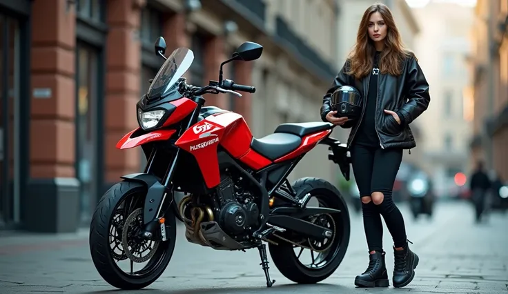 ( Husqvarna FC 450:  )parked in an urban setting, with a stylish young woman standing beside it, dressed in casual motorcycle gear. She has her helmet under her arm, looking confidently at the camera, while the Apaches red and black finish gleams under cit...