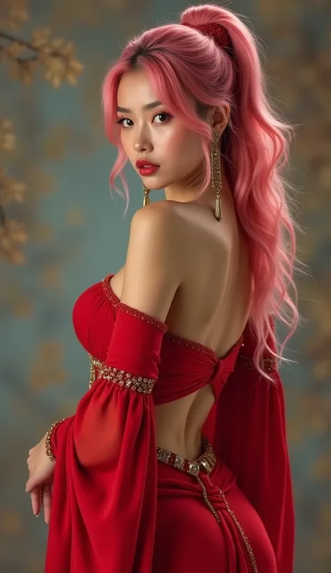 A stunningly beautiful unclad Lulu Chu, dynamic hot pose, looking over her shoulder at the camera, uncovered, shows her feminist body details, D cup large round bust, curvy hips, beautiful waist, a pink-haired handmaiden with a ponytail stands out as the m...