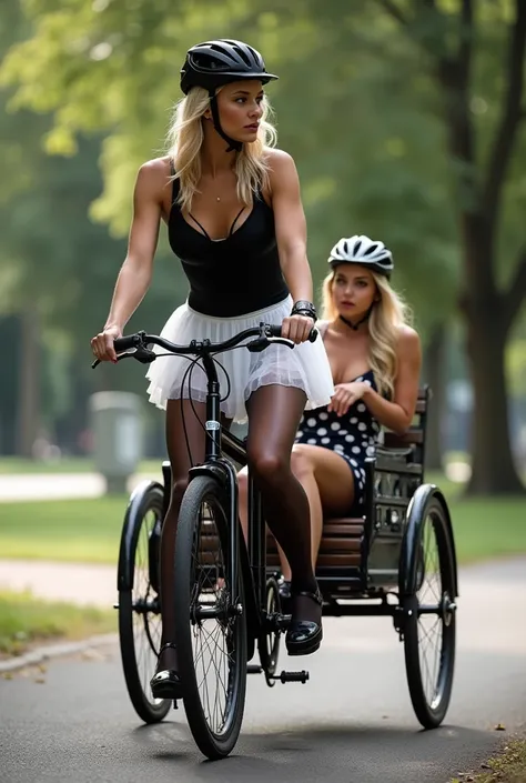   Two girls in beautiful sexy stockings and garters,   no tights   ,   without a bike uniform , in addition to the bicycle helmets on their heads :  Briannas character is driving a long-wheelbase front-wheel drive rickshaw with a bench between the rear whe...