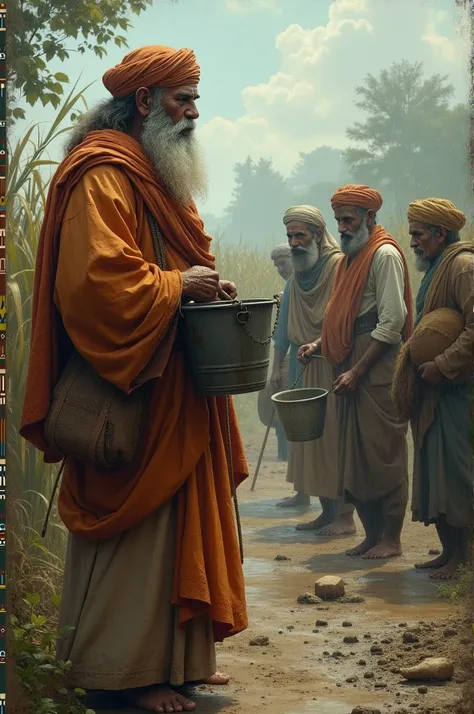 Rain Stops
Prompt:
Rain begins but stops shortly after. People feel disheartened.

Character Details:

Farmers: Worried and disheartened, holding buckets of water.
Goga Ji: With a serious expression, reading mantras, deep in thought.