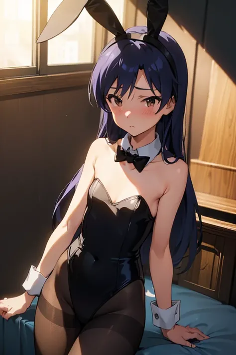  (masterpiece, Best Quality:1.4),  official art,  extremely detailed CG,  Unity 8K Wallpaper, Super detailed, Alone,  1 girl, Kisaragi Chihaya, , Long Hair,  dark blue hair,  Brown Eyes , ( flat chest:1.2), slender,  skinny, ( Delicate eyes and face ),  sh...