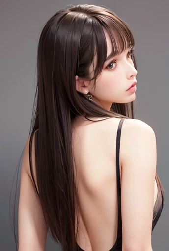 A girl, Solitary, Viewer, Long hair,Brown long hair,Bangs , Wear a tight dress, Naked back see-through dress, Brown eyes, Upper body photo, Gray background, ,Delicate face, purebred face_v1, Beautiful lips