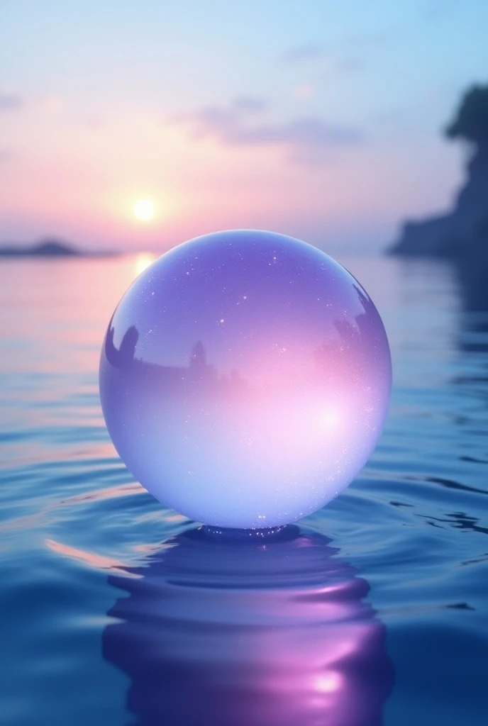  round crystal floating on the edge of the water、Light color、Transparency、Light pink、Purple、 real、blue、sea、 in the distance, the sunrise is dark、もう少しPurple。