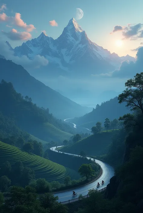  Mountain idar , terracing ,  Highway ,  bikers , trees,  dim moon obscured by clouds,  natural panorama  