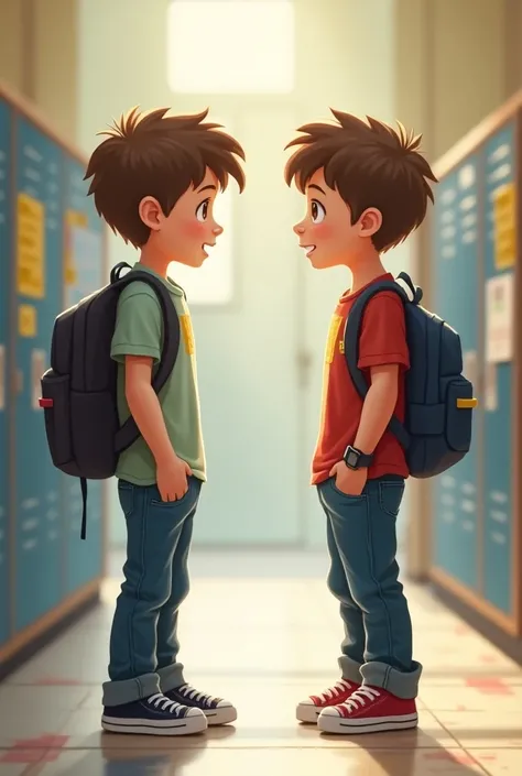 Two boys talking to each other in school
