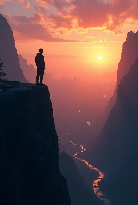 Man standing at end of a mountain behind city
At sunset 
With close view
Realistic graphics

