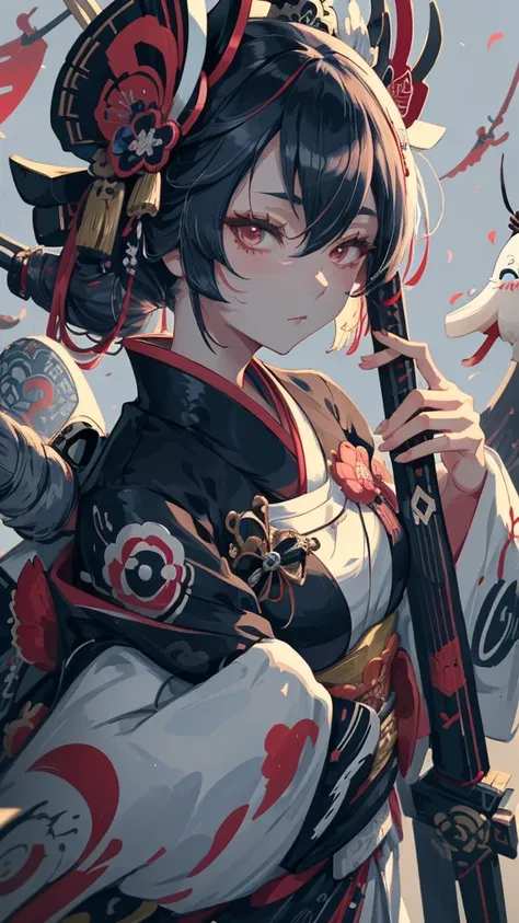 Close up of a woman wearing a kimono and holding a sword,  Feudal Japanese Art , Japanese Art Styles, Onmyoji detailed art, Onmyoji, Japanese Gothic,  Japanese Pop Surrealism, Japanese Fantasy,   formal body poses inspired by male anime characters , Chines...