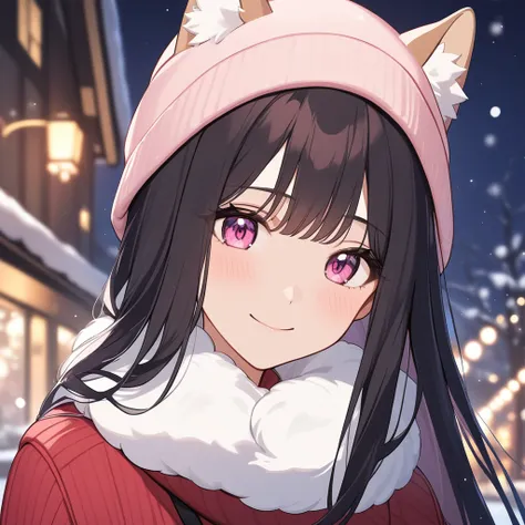  1 girl, Long Hair,  animal ears ,  straight hair ,Dog ears, smile, Character portrait, Black Hair, pink eyes, muffler ,Fluffy,winter,night,My face feels hot, upper body