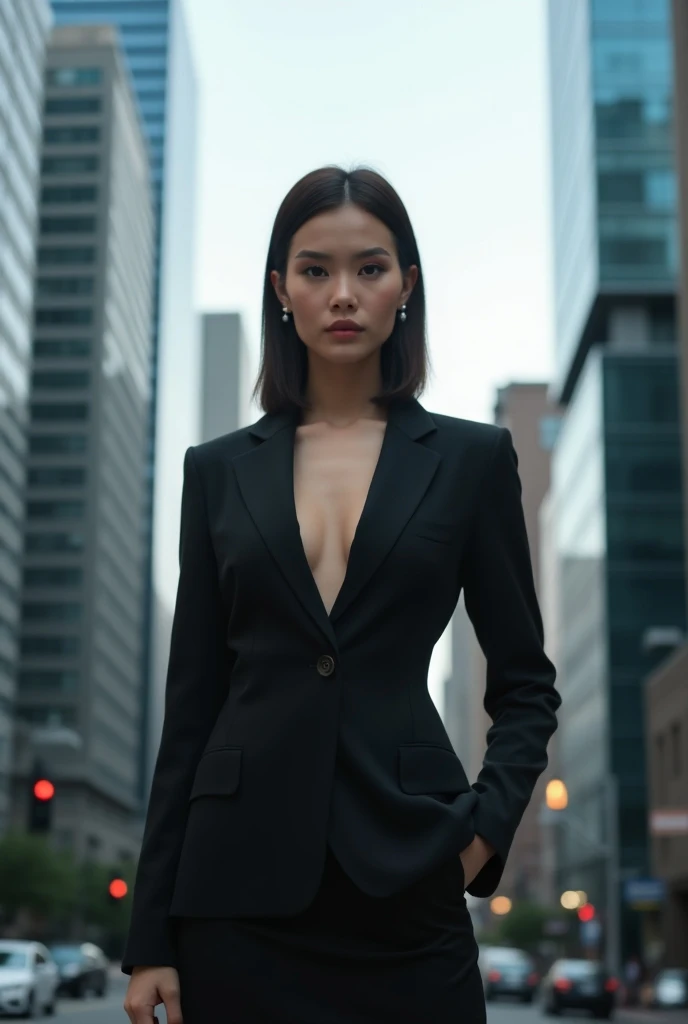 Beautiful woman stamding in front of towring buildings in a city with her back faces. Make her wear a formal clothes blazer and a midi skirt. Make her look forward only