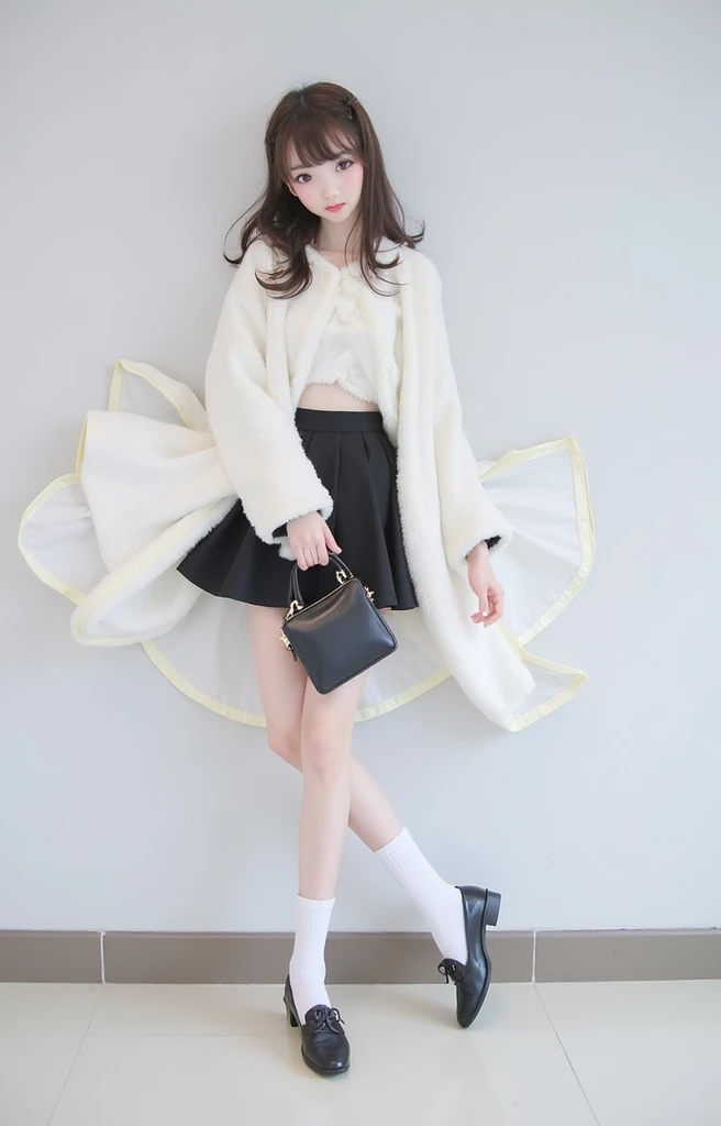  skirt and high socks {x} standing against a wall holding a purse and handbag, Sengai&#39;s paintings,  instagram, What is it?？, Ulzzang, White fluffy clothes, (  ivory black ),  Cute Style ,   woman wearing flowing clothes  , katelynn mini  Cute Style , s...