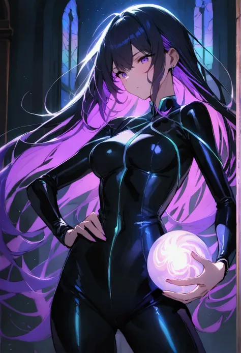 Masterpiece, best quality, 1girl, with long flowing iridescent hair in shades of purple, blue, and green, wearing a sleek black bodysuit, standing in a dramatic pose with one hand on her hip and the other holding a glowing, magical crystal ball. In the bac...