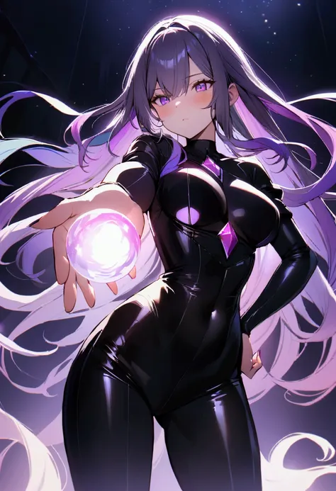 Masterpiece, best quality, 1girl, with long flowing iridescent hair in shades of purple, blue, and green, wearing a sleek black bodysuit, standing in a dramatic pose with one hand on her hip and the other holding a glowing, magical crystal ball. In the bac...