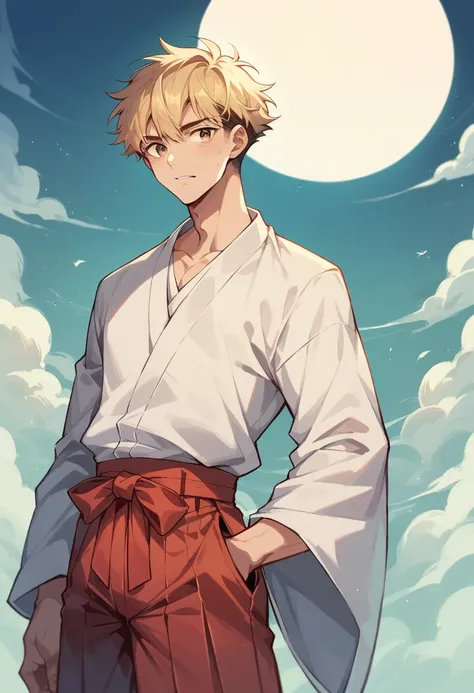 A anime adult boy who wearing a Komono and Hakama with a background in Mountain in night sky 